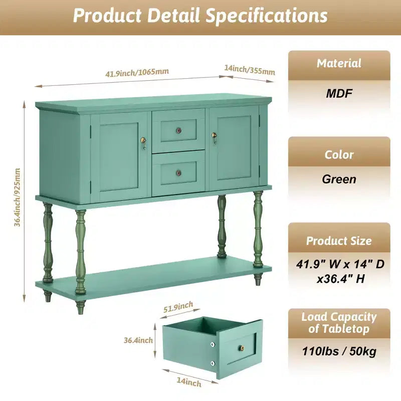 42 Farmhouse Console Table with 2 Drawers, Rustic Entryway Sofa Table with 2 Doors & Bottom Shelf, Buffet Coffee Bar Cabinet for Living Room Kitchen