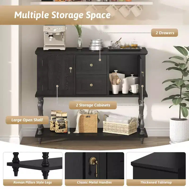 42 Farmhouse Console Table with 2 Drawers, Rustic Entryway Sofa Table with 2 Doors & Bottom Shelf, Buffet Coffee Bar Cabinet for Living Room Kitchen