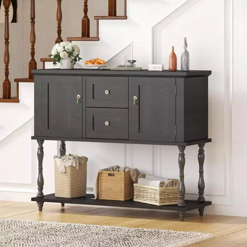 42 Farmhouse Console Table with 2 Drawers, Rustic Entryway Sofa Table with 2 Doors & Bottom Shelf, Buffet Coffee Bar Cabinet for Living Room Kitchen