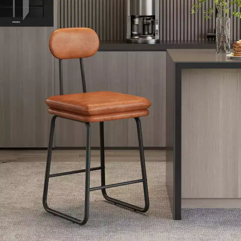 VECELO Faux Leather Bar Stools Set of 2, Upholstered Counter Height Barstools with Back and Metal Legs for Kitchen Island, Brown/White