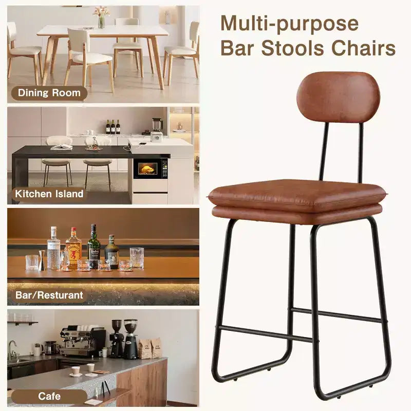 VECELO Faux Leather Bar Stools Set of 2, Upholstered Counter Height Barstools with Back and Metal Legs for Kitchen Island, Brown/White