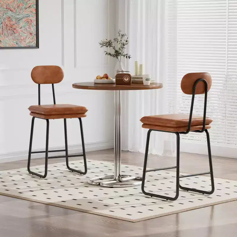 VECELO Faux Leather Bar Stools Set of 2, Upholstered Counter Height Barstools with Back and Metal Legs for Kitchen Island, Brown/White
