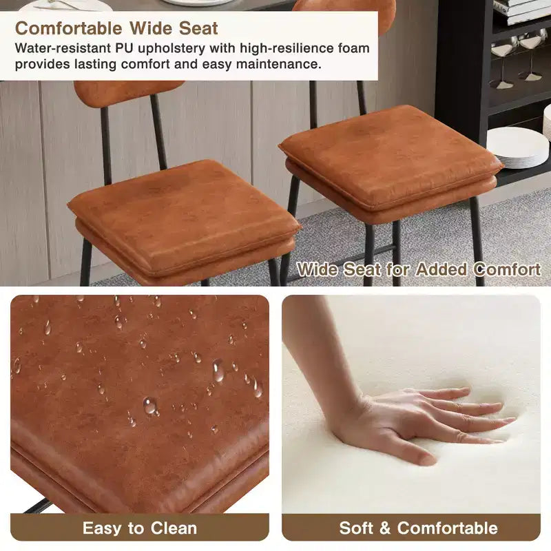 VECELO Faux Leather Bar Stools Set of 2, Upholstered Counter Height Barstools with Back and Metal Legs for Kitchen Island, Brown/White