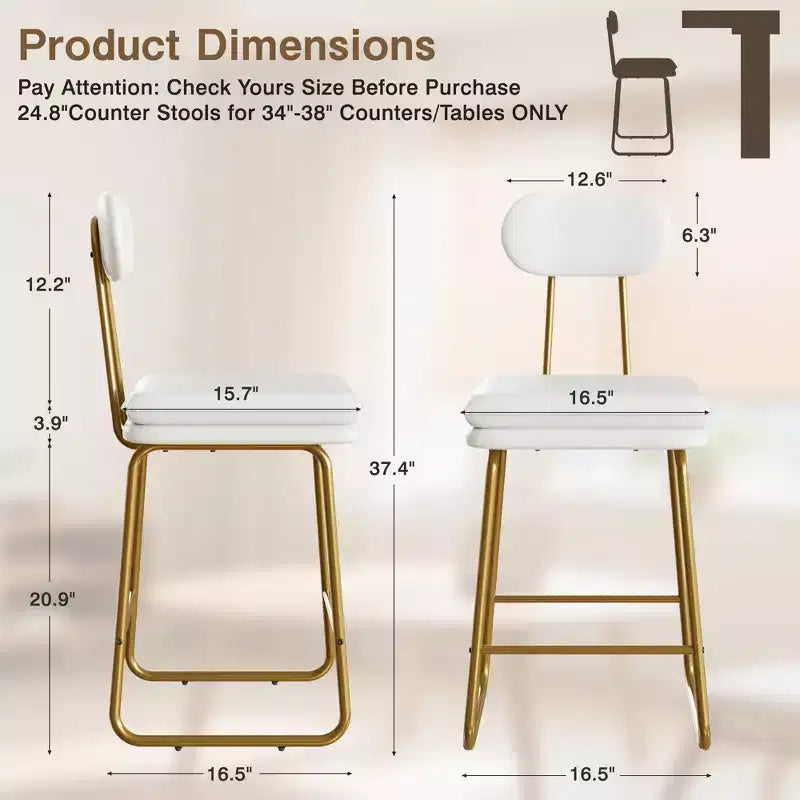 VECELO Faux Leather Bar Stools Set of 2, Upholstered Counter Height Barstools with Back and Metal Legs for Kitchen Island, Brown/White
