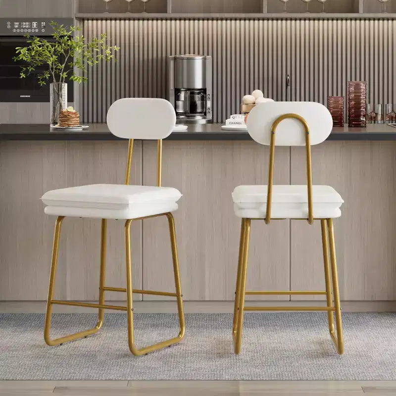 VECELO Faux Leather Bar Stools Set of 2, Upholstered Counter Height Barstools with Back and Metal Legs for Kitchen Island, Brown/White
