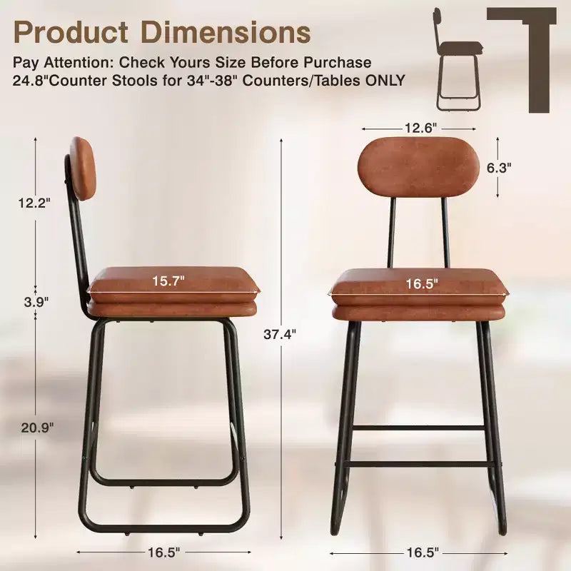 VECELO Faux Leather Bar Stools Set of 2, Upholstered Counter Height Barstools with Back and Metal Legs for Kitchen Island, Brown/White