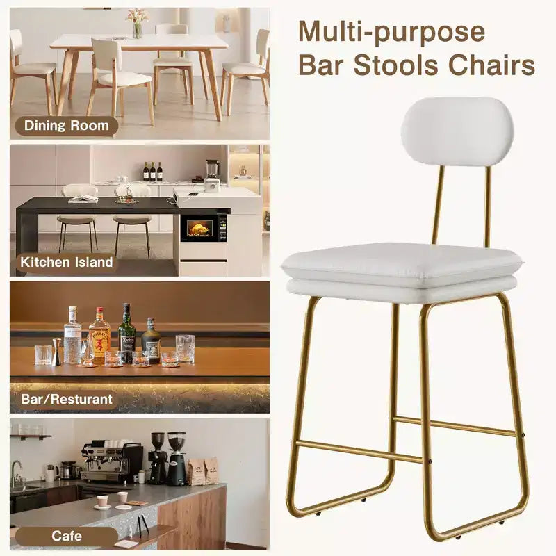VECELO Faux Leather Bar Stools Set of 2, Upholstered Counter Height Barstools with Back and Metal Legs for Kitchen Island, Brown/White