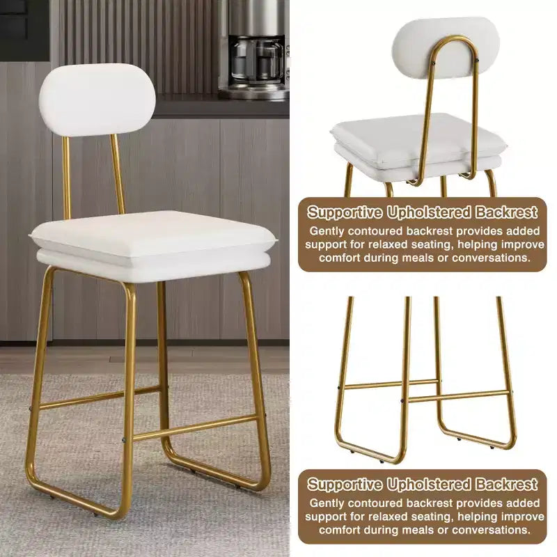 VECELO Faux Leather Bar Stools Set of 2, Upholstered Counter Height Barstools with Back and Metal Legs for Kitchen Island, Brown/White