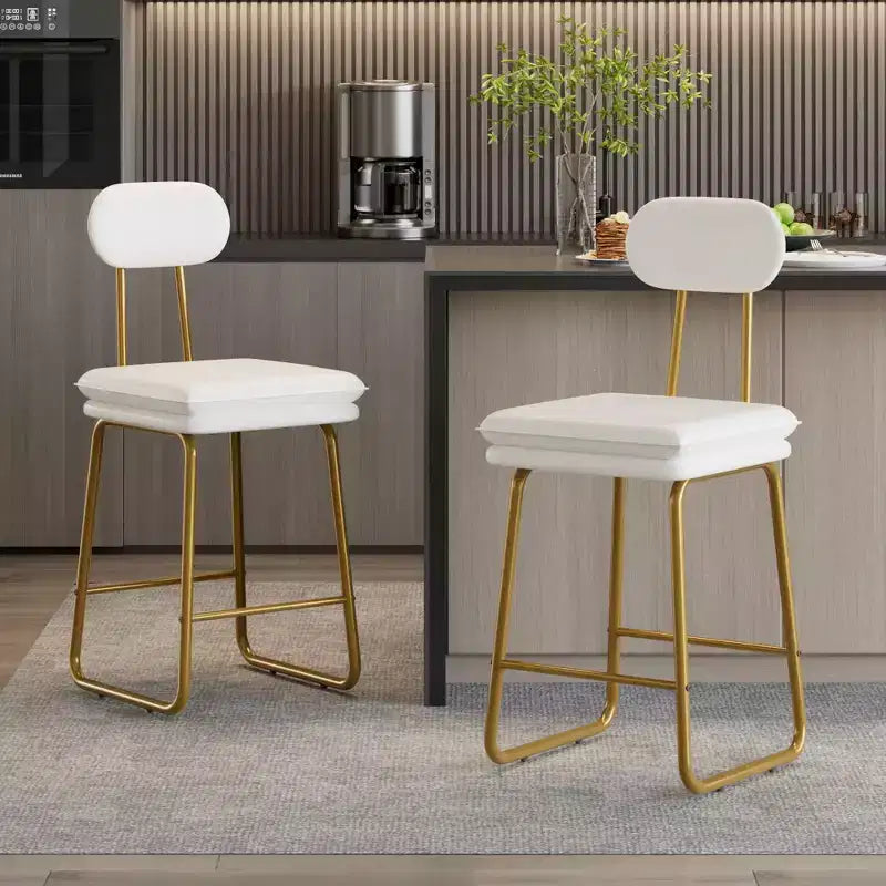 VECELO Faux Leather Bar Stools Set of 2, Upholstered Counter Height Barstools with Back and Metal Legs for Kitchen Island, Brown/White