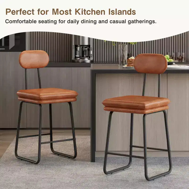 VECELO Faux Leather Bar Stools Set of 2, Upholstered Counter Height Barstools with Back and Metal Legs for Kitchen Island, Brown/White