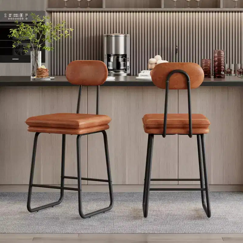 VECELO Faux Leather Bar Stools Set of 2, Upholstered Counter Height Barstools with Back and Metal Legs for Kitchen Island, Brown/White