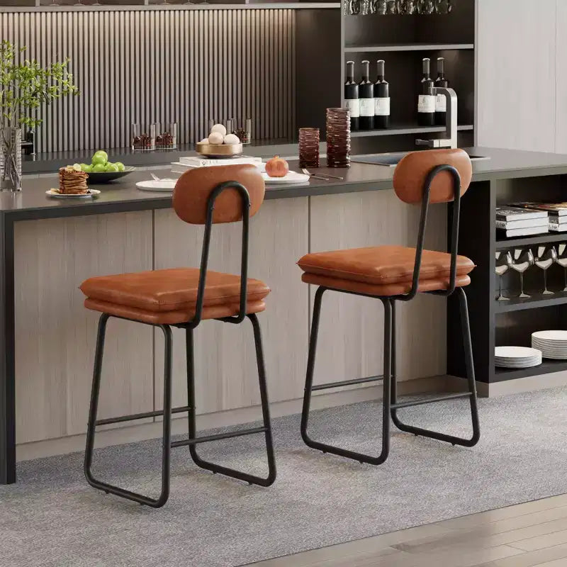 VECELO Faux Leather Bar Stools Set of 2, Upholstered Counter Height Barstools with Back and Metal Legs for Kitchen Island, Brown/White