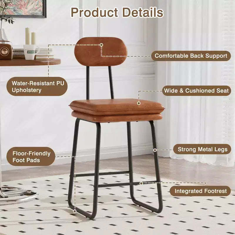 VECELO Faux Leather Bar Stools Set of 2, Upholstered Counter Height Barstools with Back and Metal Legs for Kitchen Island, Brown/White