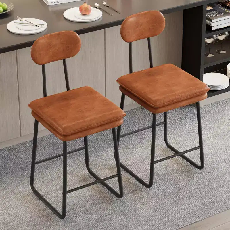 VECELO Faux Leather Bar Stools Set of 2, Upholstered Counter Height Barstools with Back and Metal Legs for Kitchen Island, Brown/White