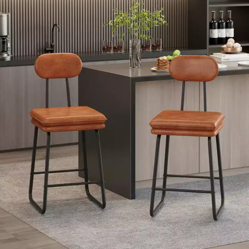 VECELO Faux Leather Bar Stools Set of 2, Upholstered Counter Height Barstools with Back and Metal Legs for Kitchen Island, Brown/White