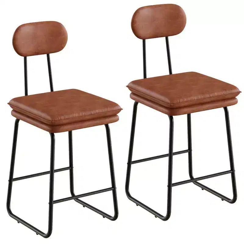 VECELO Faux Leather Bar Stools Set of 2, Upholstered Counter Height Barstools with Back and Metal Legs for Kitchen Island, Brown/White
