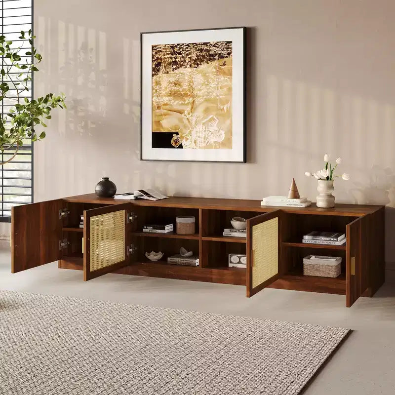 JVNOXK78 TV Stand for TVs Up to 85, TV Console for Living Room, Media Console with Rattan Doors, Adjustable Shelf TV Stand for Bedroom