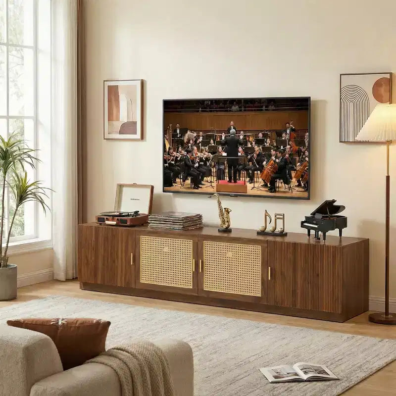 JVNOXK78 TV Stand for TVs Up to 85, TV Console for Living Room, Media Console with Rattan Doors, Adjustable Shelf TV Stand for Bedroom