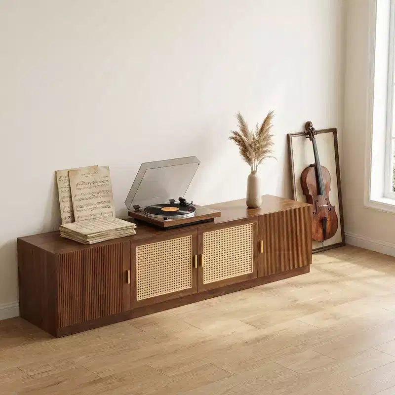JVNOXK78 TV Stand for TVs Up to 85, TV Console for Living Room, Media Console with Rattan Doors, Adjustable Shelf TV Stand for Bedroom