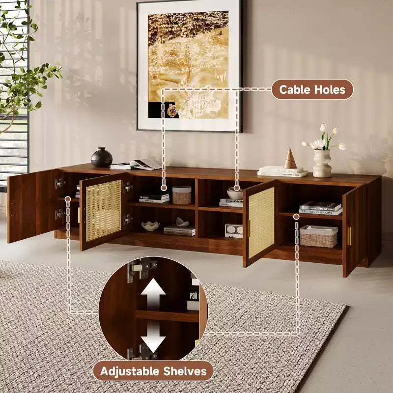 JVNOXK78 TV Stand for TVs Up to 85, TV Console for Living Room, Media Console with Rattan Doors, Adjustable Shelf TV Stand for Bedroom