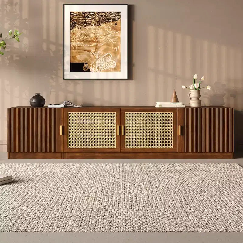 JVNOXK78 TV Stand for TVs Up to 85, TV Console for Living Room, Media Console with Rattan Doors, Adjustable Shelf TV Stand for Bedroom