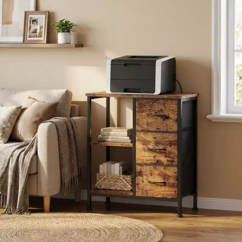 3 Drawer File Cabinet, Printer Stand with 2 Open Storage Shelves, Fabric Filing Cabinet Under Desk Office Organizer for Home Office
