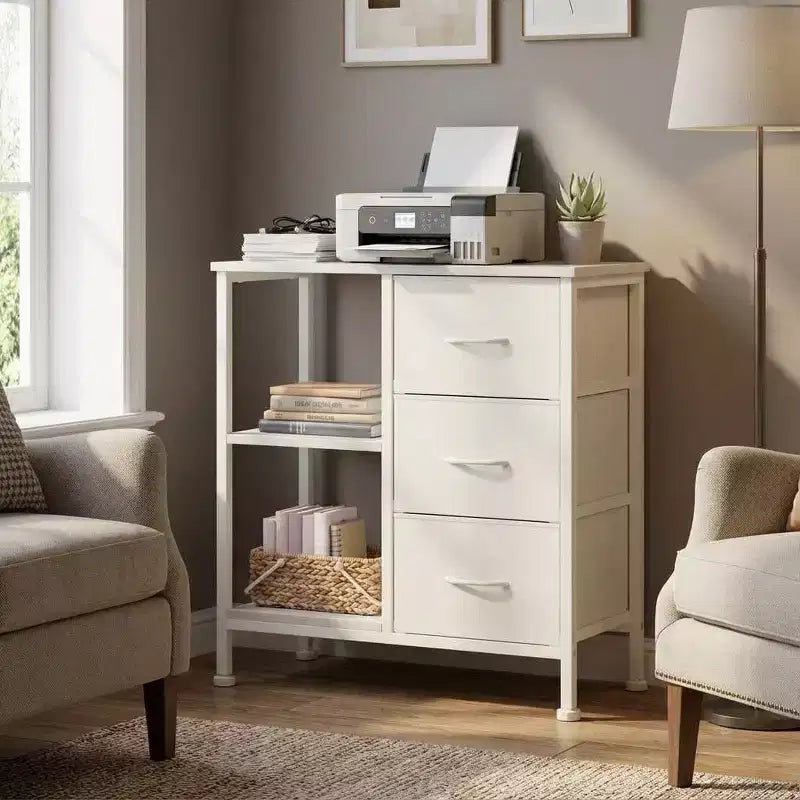 3 Drawer File Cabinet, Printer Stand with 2 Open Storage Shelves, Fabric Filing Cabinet Under Desk Office Organizer for Home Office