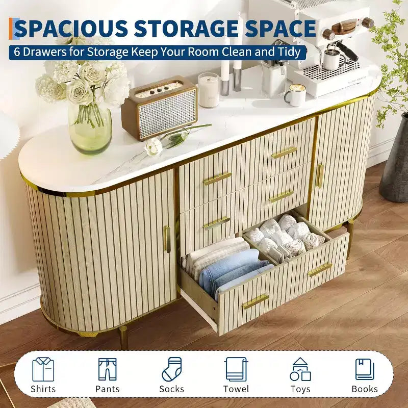 Side cabinet-style buffet cabinet, storage cabinet, living room/kitchen furniture with 6 drawers and 2 sliding doors, made of oak Wood, Oak