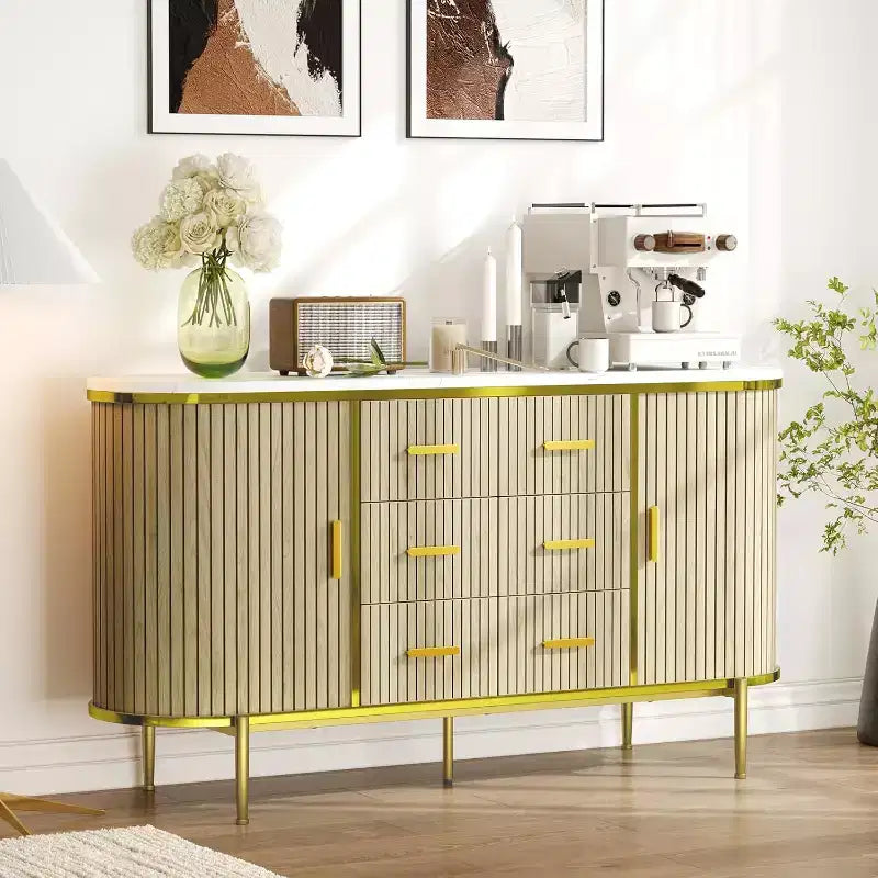Side cabinet-style buffet cabinet, storage cabinet, living room/kitchen furniture with 6 drawers and 2 sliding doors, made of oak Wood, Oak