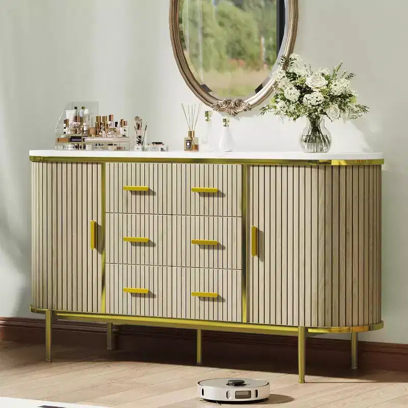 Side cabinet-style buffet cabinet, storage cabinet, living room/kitchen furniture with 6 drawers and 2 sliding doors, made of oak Wood, Oak