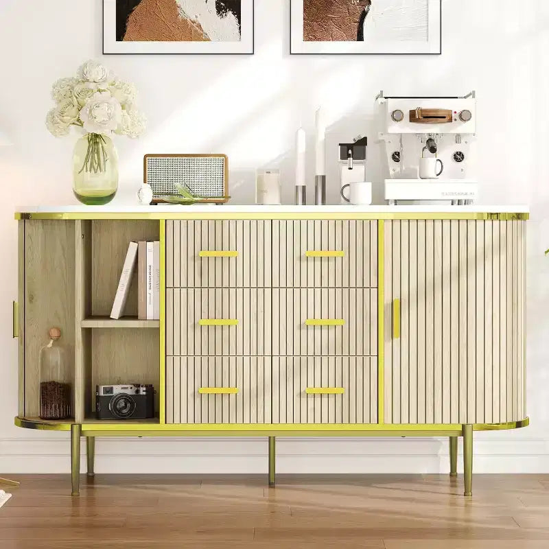 Side cabinet-style buffet cabinet, storage cabinet, living room/kitchen furniture with 6 drawers and 2 sliding doors, made of oak Wood, Oak