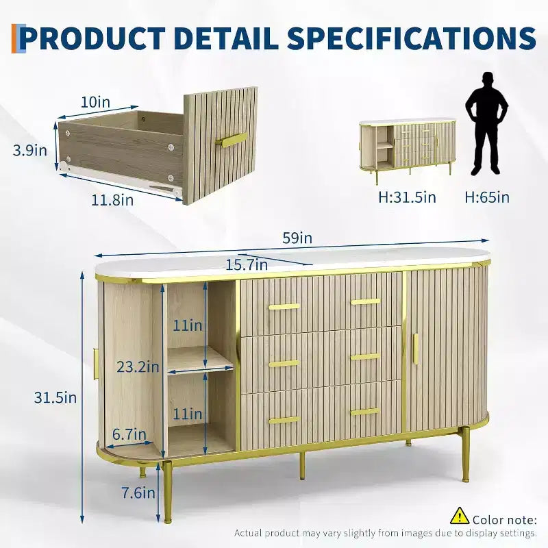 Side cabinet-style buffet cabinet, storage cabinet, living room/kitchen furniture with 6 drawers and 2 sliding doors, made of oak Wood, Oak