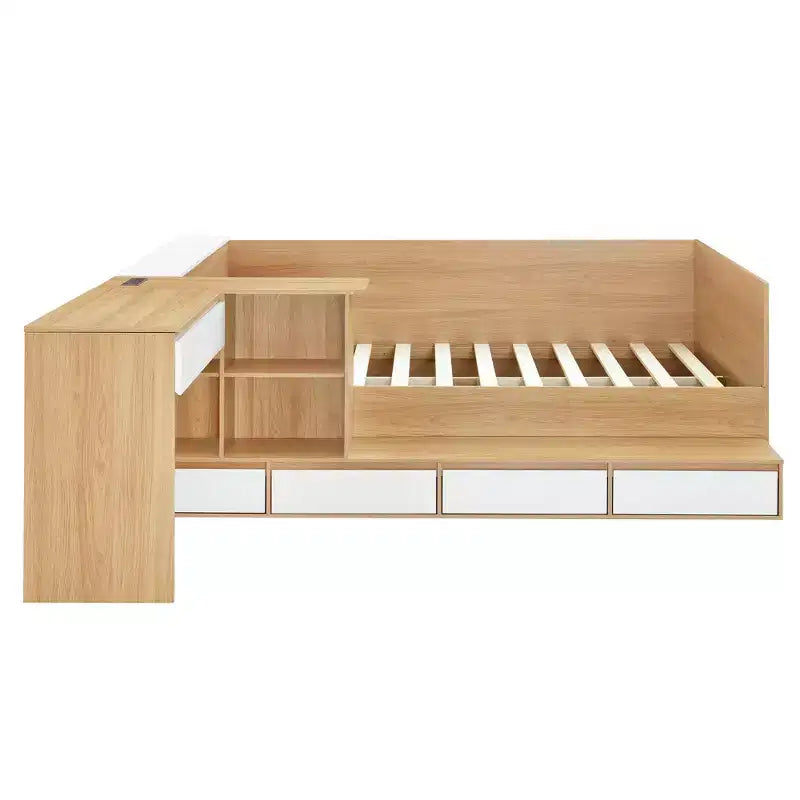Luxystar Modern Full size Wood Platform Bed with Dressing Table, 6 Drawers and Shelves