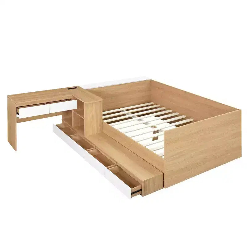 Luxystar Modern Full size Wood Platform Bed with Dressing Table, 6 Drawers and Shelves