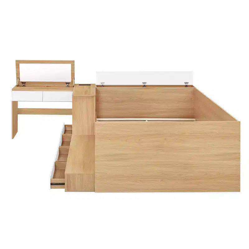 Luxystar Modern Full size Wood Platform Bed with Dressing Table, 6 Drawers and Shelves