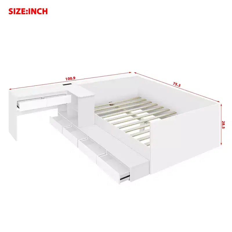 Luxystar Modern Full size Wood Platform Bed with Dressing Table, 6 Drawers and Shelves