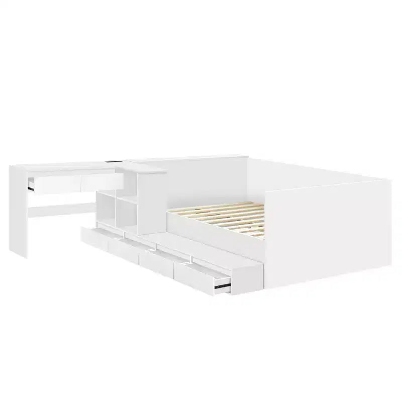 Luxystar Modern Full size Wood Platform Bed with Dressing Table, 6 Drawers and Shelves