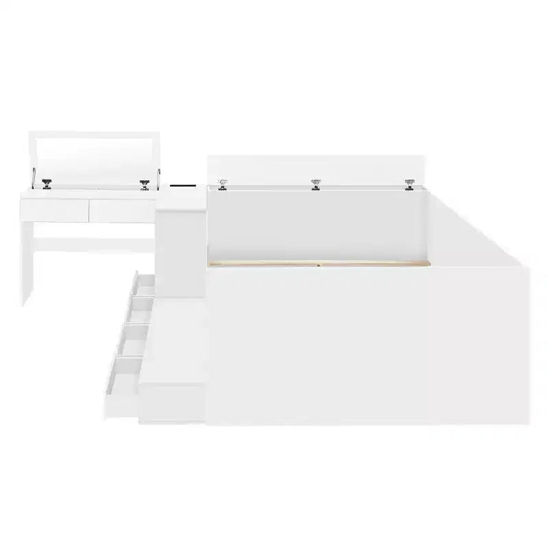 Luxystar Modern Full size Wood Platform Bed with Dressing Table, 6 Drawers and Shelves