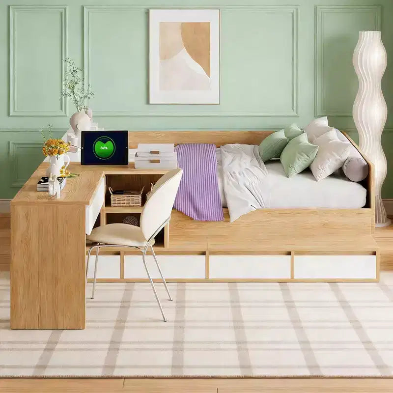 Luxystar Modern Full size Wood Platform Bed with Dressing Table, 6 Drawers and Shelves