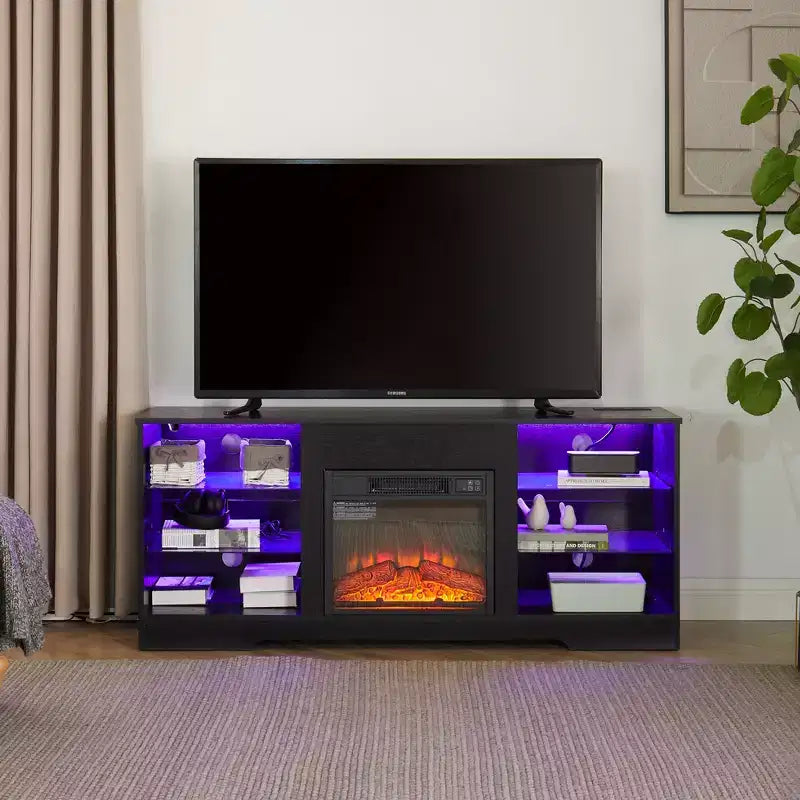 JVNOXK 57.88-inch TV Stand with Glass Shelves, for TVs under 62 inches Lighted Wooden TV Cabinet with USB Charging Ports, Black