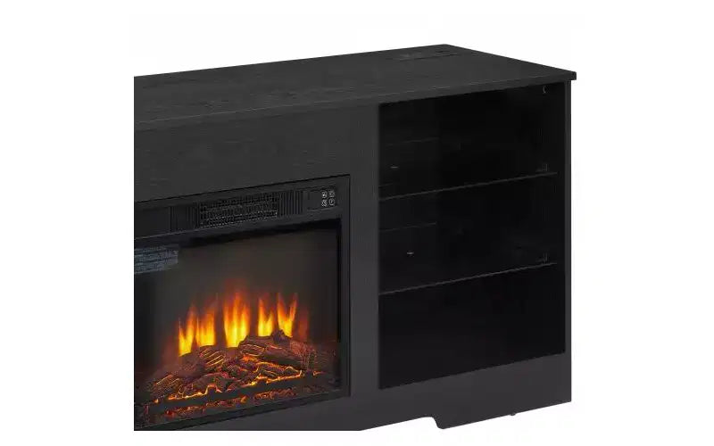 JVNOXK 57.88-inch TV Stand with Glass Shelves, for TVs under 62 inches Lighted Wooden TV Cabinet with USB Charging Ports, Black