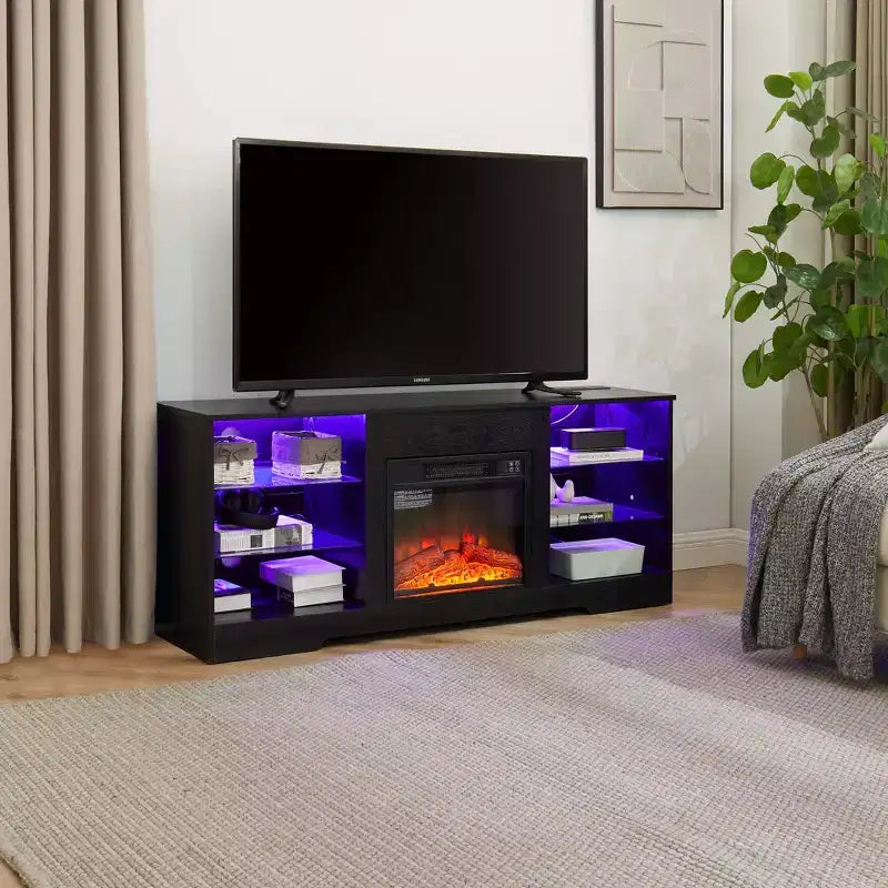 JVNOXK 57.88-inch TV Stand with Glass Shelves, for TVs under 62 inches Lighted Wooden TV Cabinet with USB Charging Ports, Black