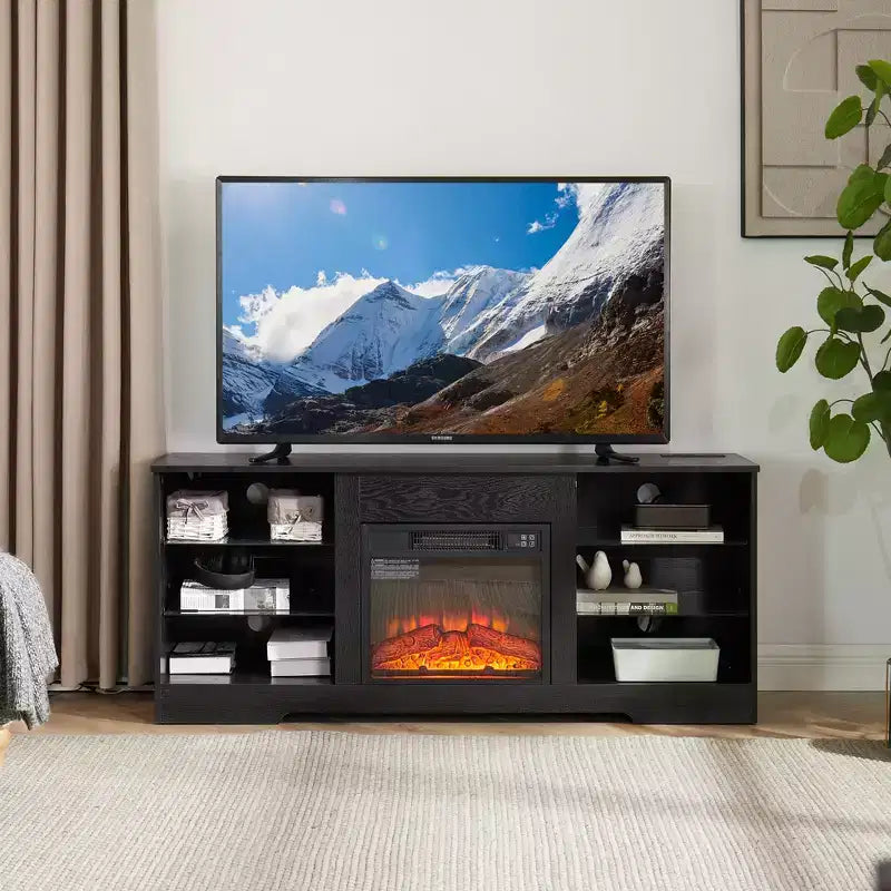 JVNOXK 57.88-inch TV Stand with Glass Shelves, for TVs under 62 inches Lighted Wooden TV Cabinet with USB Charging Ports, Black