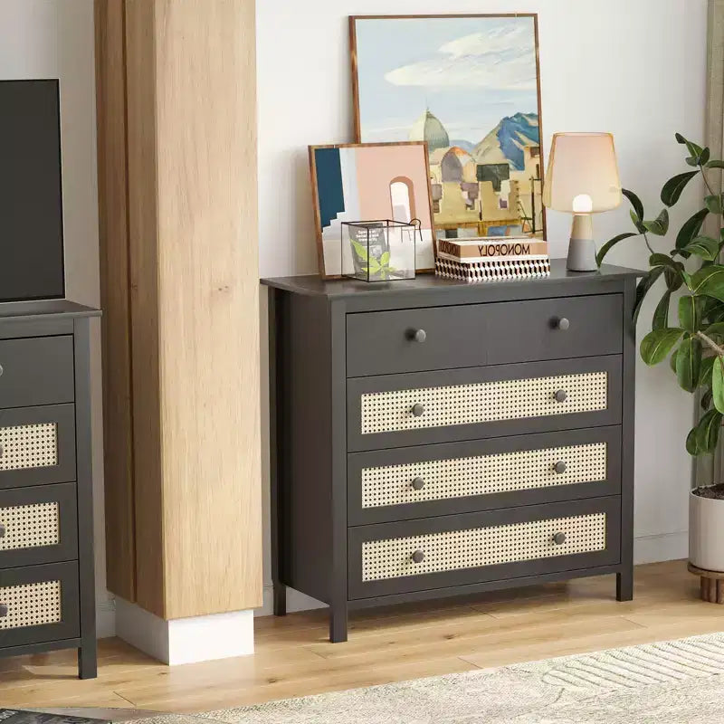 JVNOXK 4-Drawer Sideboard Modern rattan design with wooden storage compartments Ideal for living room entryways, console tables Black