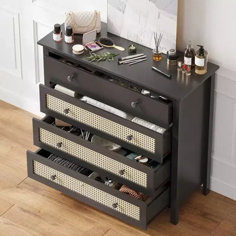 JVNOXK 4-Drawer Sideboard Modern rattan design with wooden storage compartments Ideal for living room entryways, console tables Black
