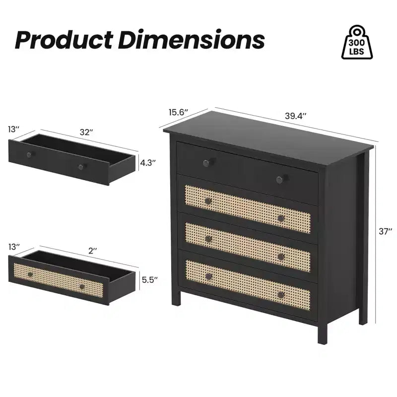 JVNOXK 4-Drawer Sideboard Modern rattan design with wooden storage compartments Ideal for living room entryways, console tables Black