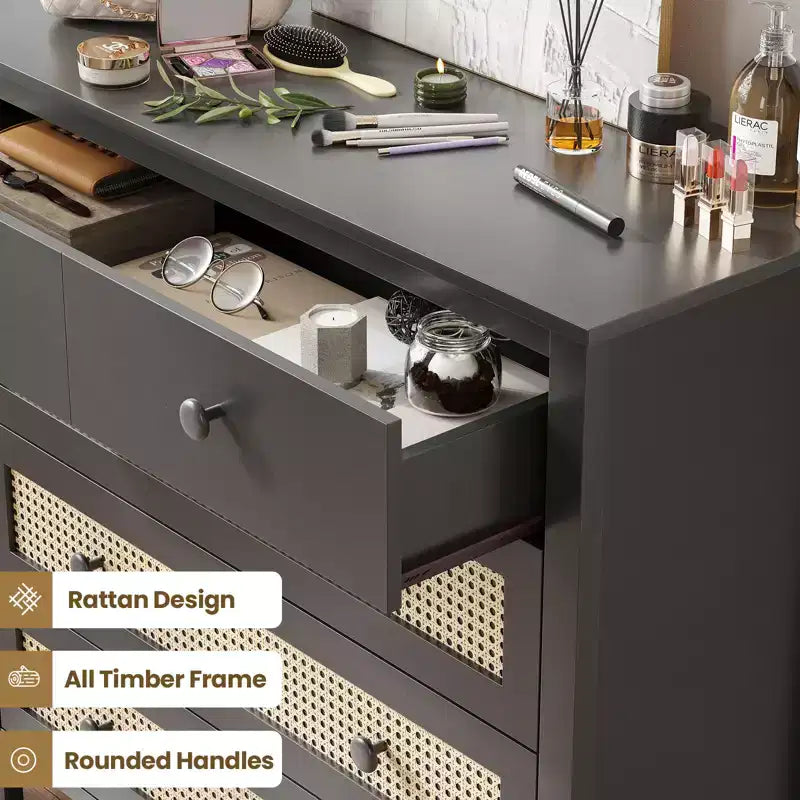 JVNOXK 4-Drawer Sideboard Modern rattan design with wooden storage compartments Ideal for living room entryways, console tables Black