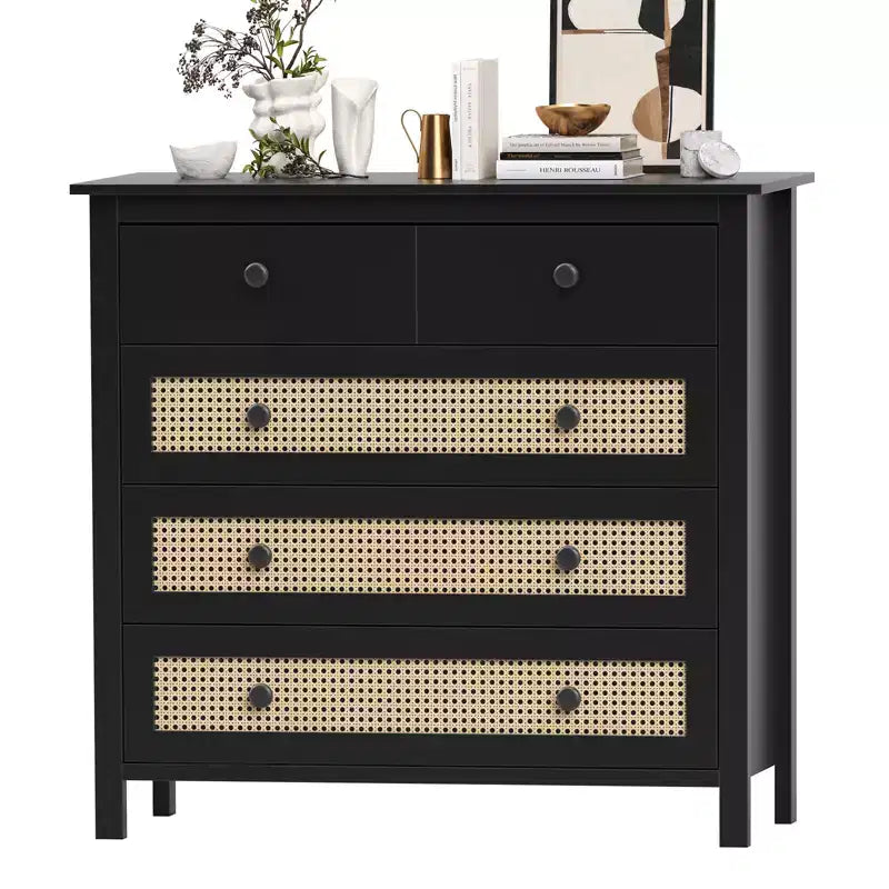 JVNOXK 4-Drawer Sideboard Modern rattan design with wooden storage compartments Ideal for living room entryways, console tables Black