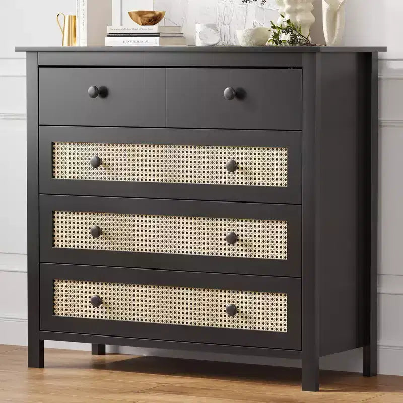 JVNOXK 4-Drawer Sideboard Modern rattan design with wooden storage compartments Ideal for living room entryways, console tables Black