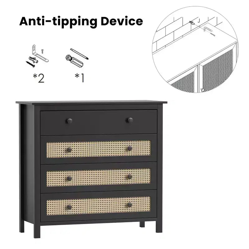 JVNOXK 4-Drawer Sideboard Modern rattan design with wooden storage compartments Ideal for living room entryways, console tables Black